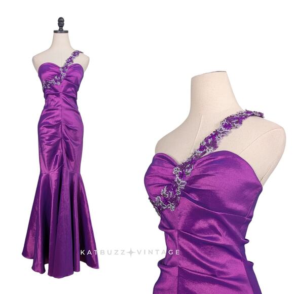 Vintage Cache Prom Dress Maxi Gown 4 Purple Y2K Glam Bead Mermaid Satin Starlet - Picture 1 of 12